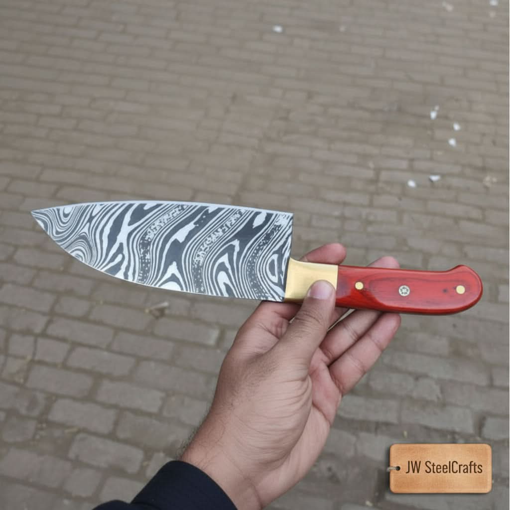 High contrast Damascus knife photo showing bold layered pattern and red handle
