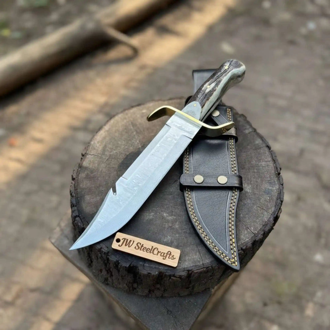 Black sheath Bowie knife with brass guard, long steel blade, gut hook notch, and dark patterned wooden handle