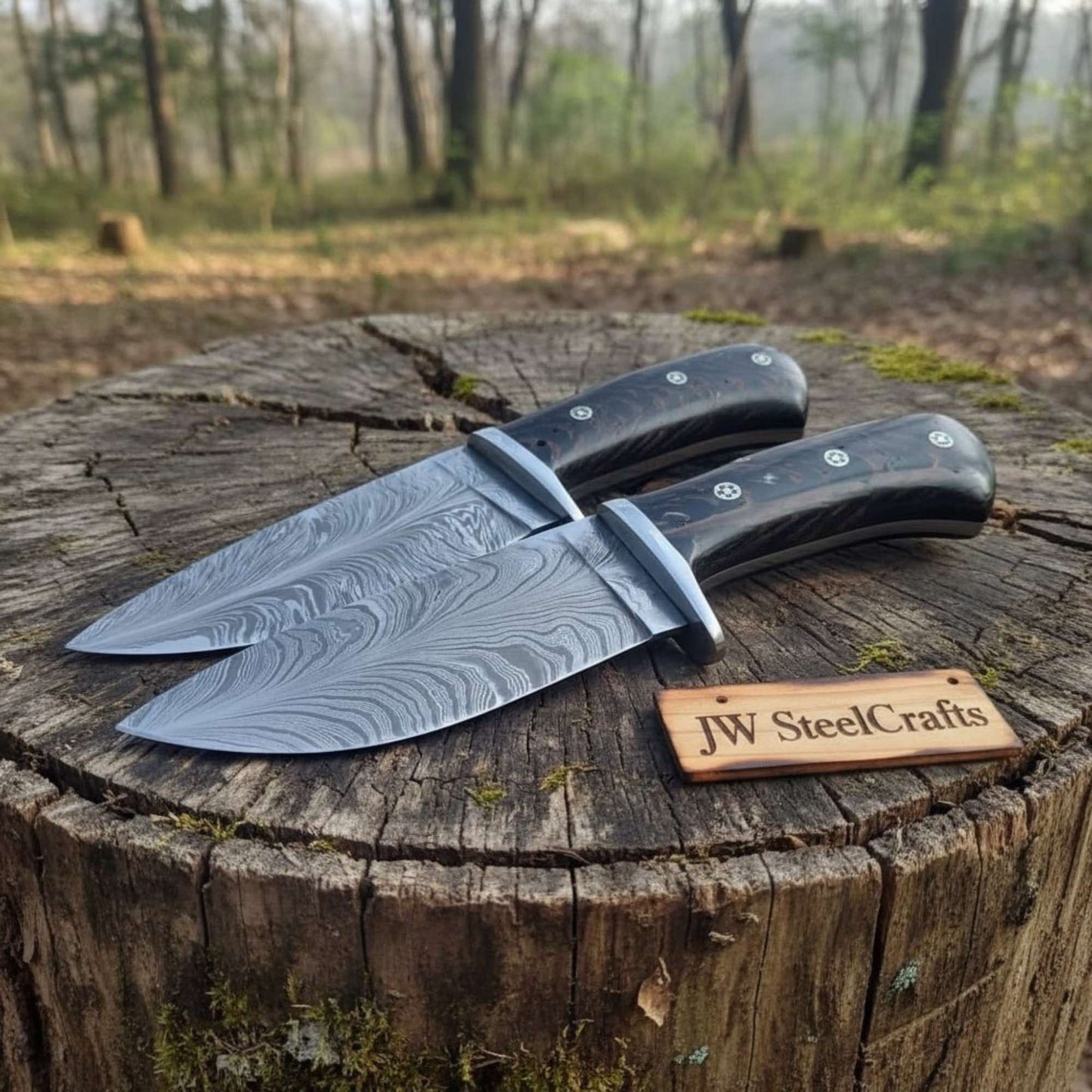 Bowie Knife Feather Damascus Blade Pinecone Handle Fixed Blade Hunting Knife handmade Bowie Knives by JW SteelCrafts