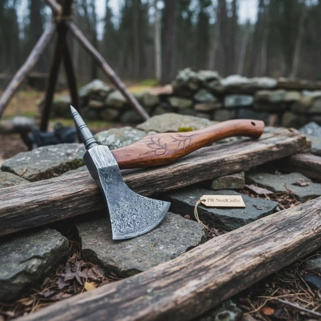 Alpha-inspired Damascus camping axe with engraved steel blade and curved wooden handle displayed on rustic forest logs.