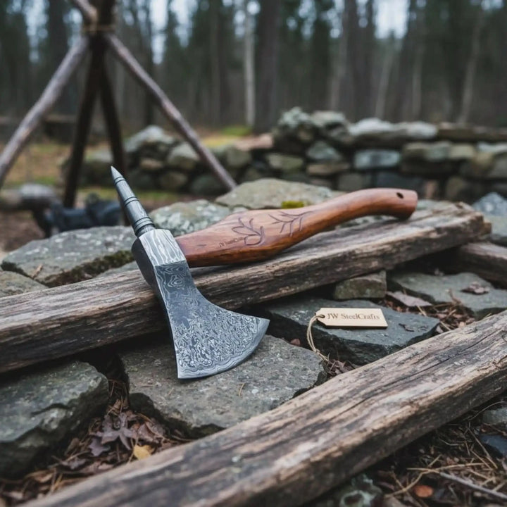 Alpha-inspired Damascus camping axe with engraved steel blade and curved wooden handle displayed on rustic forest logs.