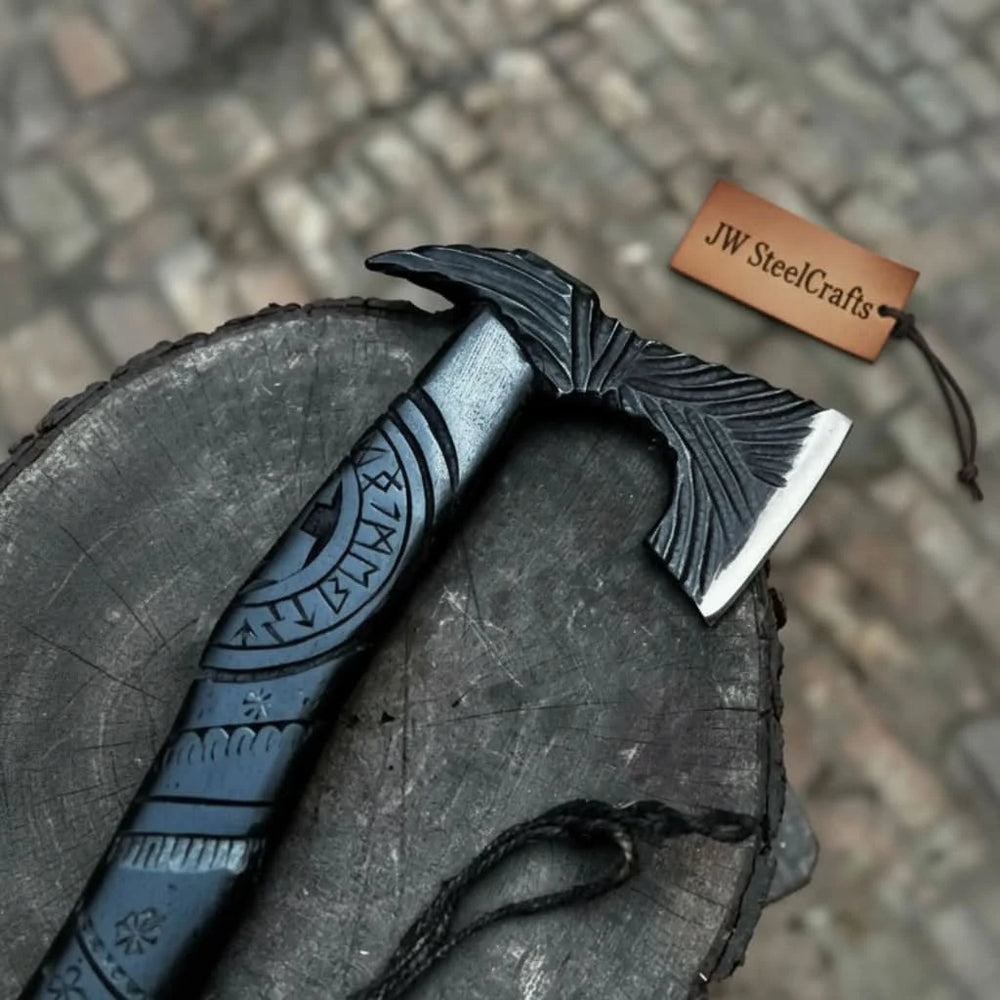 Hand forged Viking battle axe with carved black hardwood handle full view
