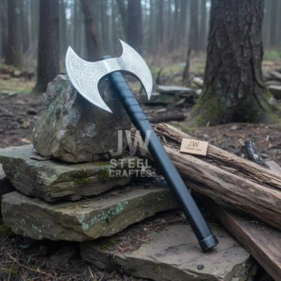 Crimson-style Viking double-edge war axe with ornate crescent blades and sleek black handle on wooden planks.