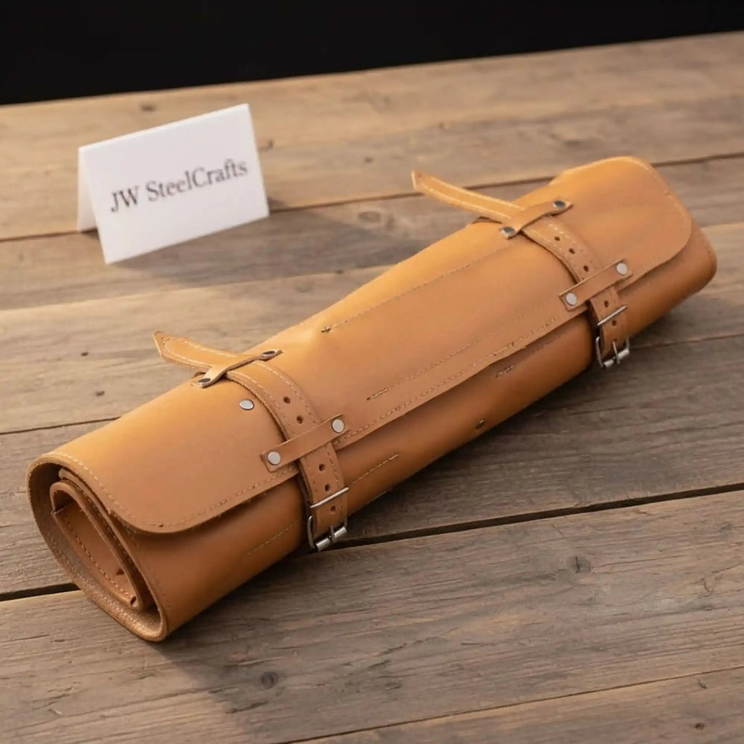 Leather knife roll case with buckle straps and compact storage design on a rustic wooden table.