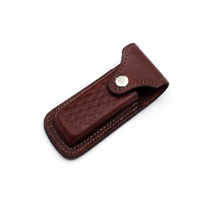    Genuine leather pocket knife pouch with metal button closure and compact handcrafted profile