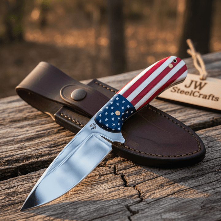 Woodland patriotic fixed blade knife with sheath, stars and stripes handle, polished blade, and wooden table surface.