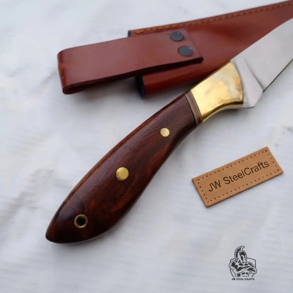 Dark handle fishing knife with stitched leather sheath and JW SteelCrafts label