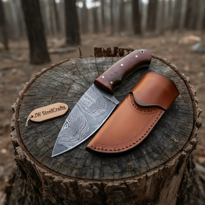 Handmade outdoor knife with leather sheath, Damascus blade, brown wood handle, and forest stump product setup.