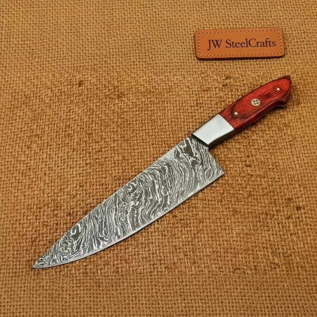Crimson grip Damascus kitchen blade displayed diagonally on textured brown fabri