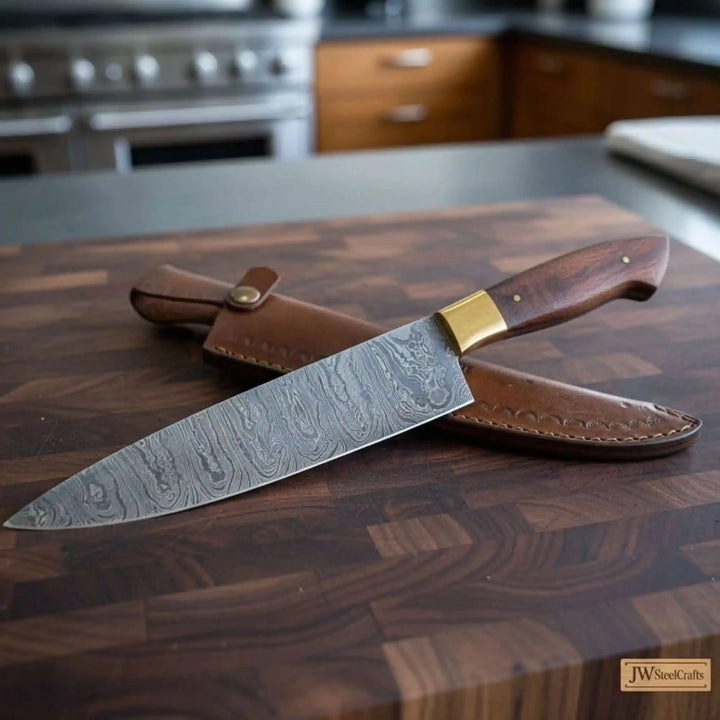 Layered steel chef knife with brass bolster and dark wooden handle placed on a butcher board