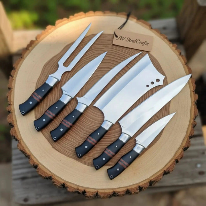 6-Piece J2 Steel Kitchen Knife Set — Chef, Cleaver, Santoku, Utility, Paring &amp; Carving Fork with Black Resin Rosewood Handles