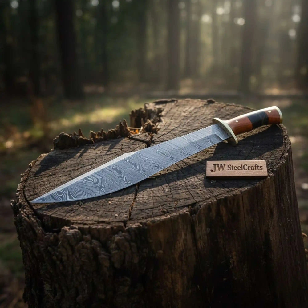 California Clip Point Bowie Knife, Hand Forged Damascus Steel Blade, Stacked Handle Custom Bowie, Handmade Knife JW SteelCrafts handmade Clip Point Bowie Knives by JW SteelCrafts