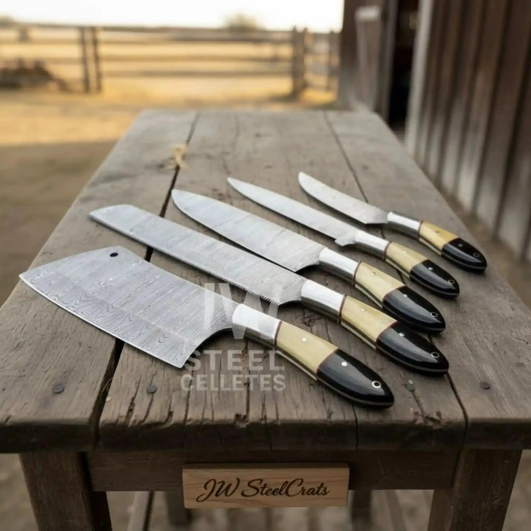 A luxury 5-piece handmade Damascus steel chef knife set featuring unique camel bone and black micarta hybrid handles, displayed on a rustic wooden log in an outdoor setting.
