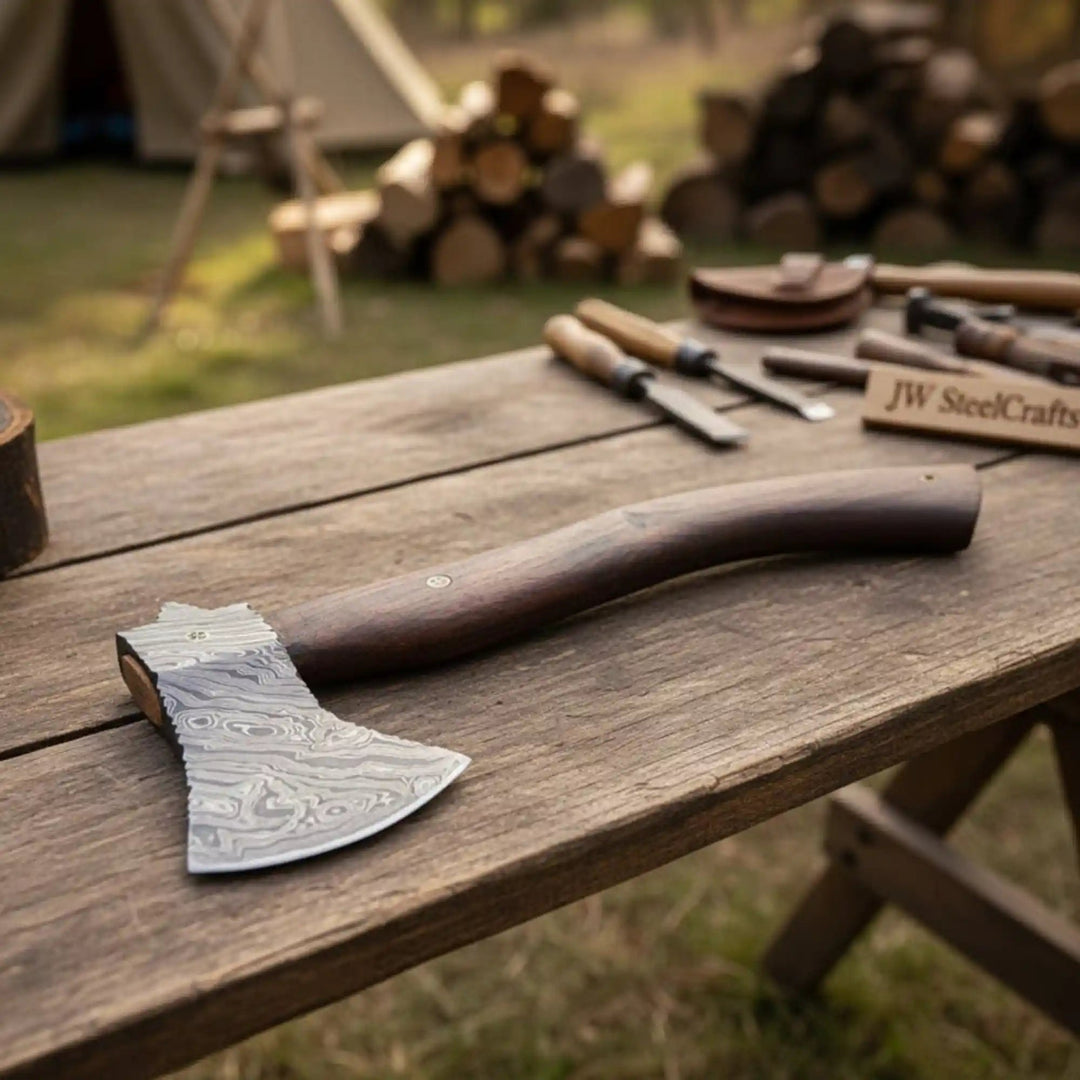 Handmade Damascus camp axe with mosaic pin and rosewood handle.