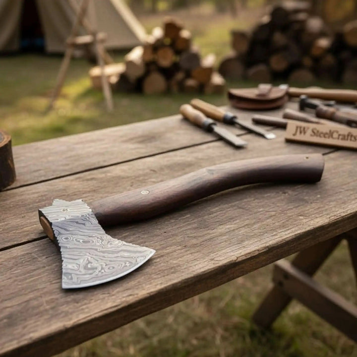 Handmade Damascus camp axe with mosaic pin and rosewood handle.
