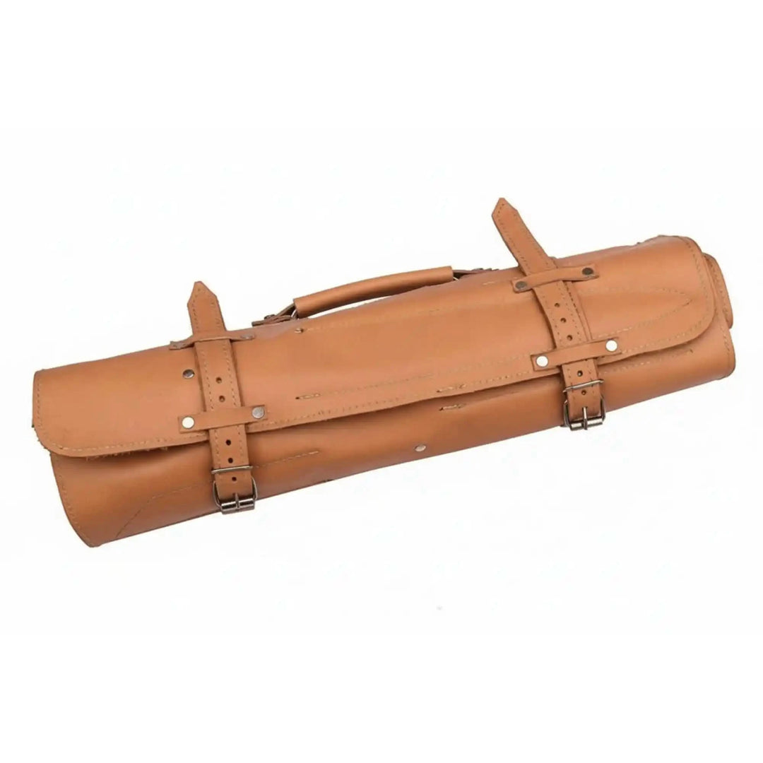 Premium roll up chef knife carrier with adjustable leather straps and polished metal buckles.