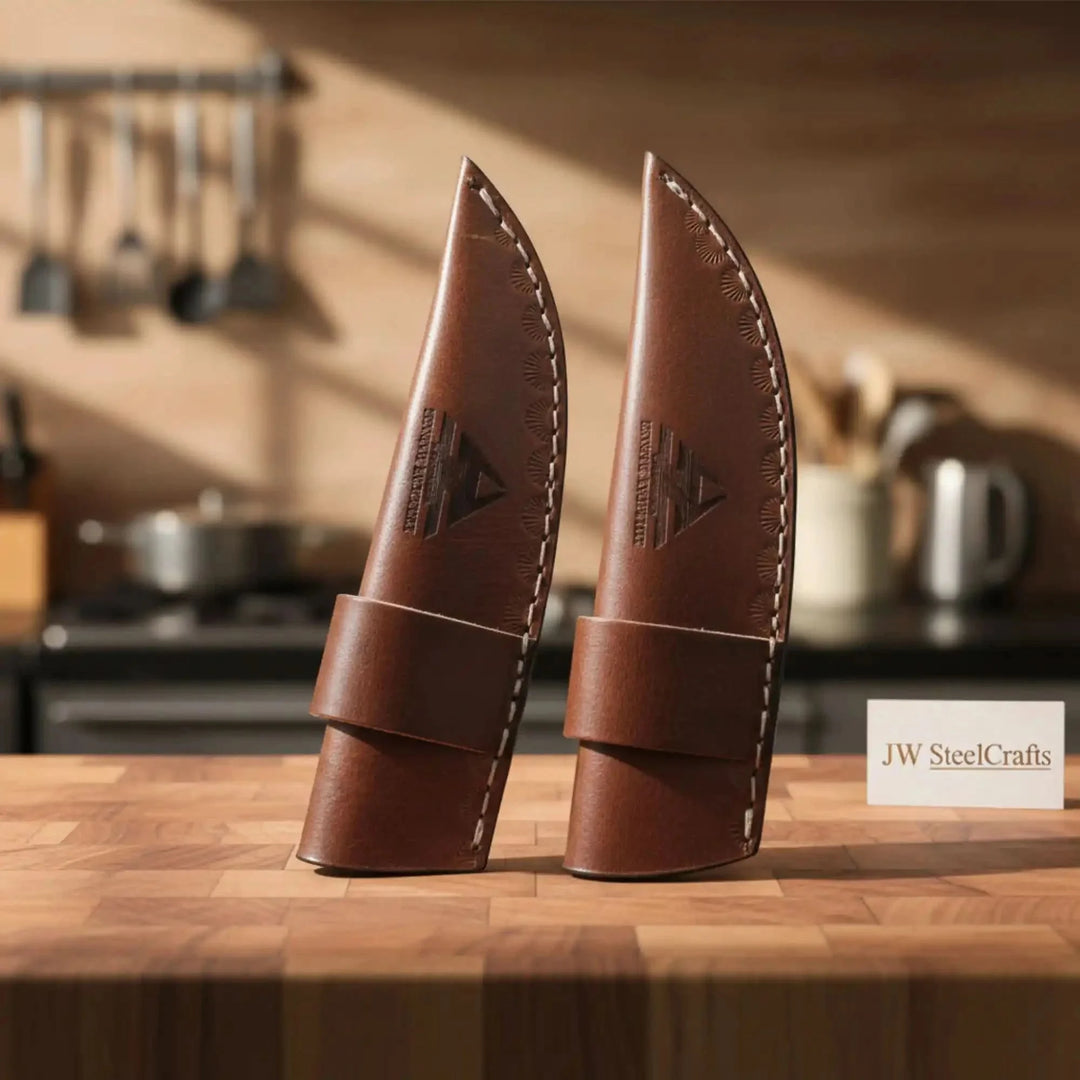 Carbon Steel Drop Point Skinner Knives Set Two Brown Leather Knife Sheaths On A Wooden Surface With A Blurred Kitchen Background.

