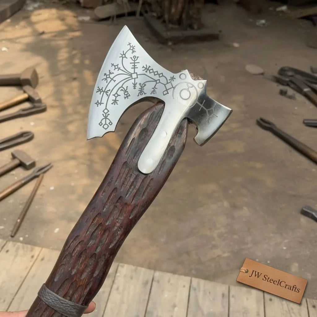 Driftwood-inspired Nordic handcrafted axe with engraved symbols and textured hardwood grip beside leather sheath.