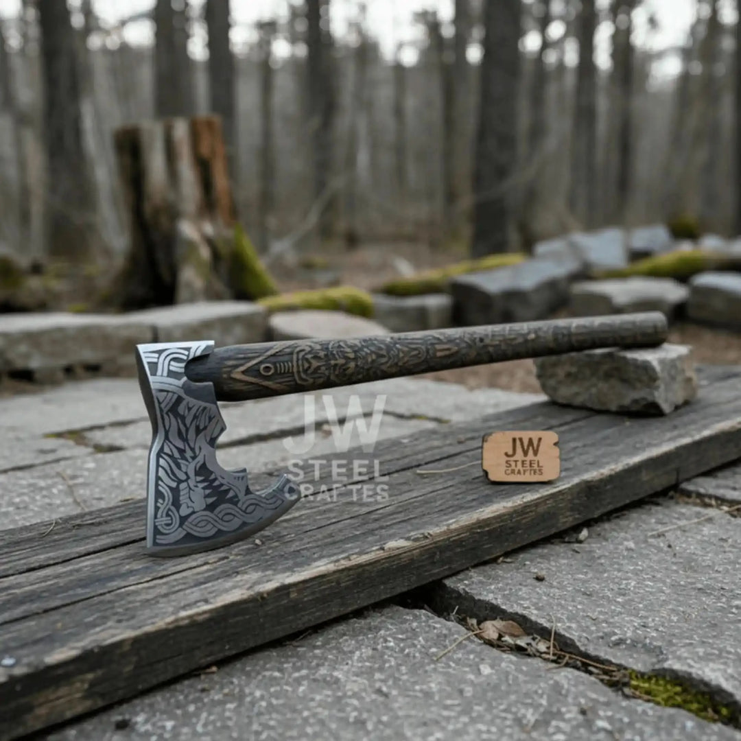 Dragonveil-themed Norse battle weapon set with artistic Viking axe blade and intricately carved Nordic shield outdoors.