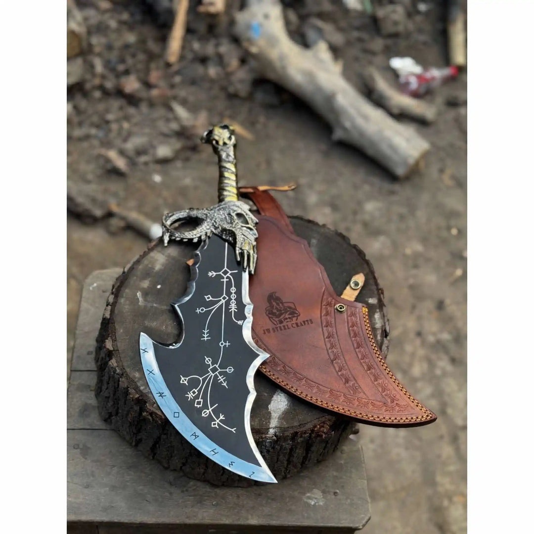 Chaos Inspired Recurve Bowie Knife with Rune Engraving and Dragon Guard handmade Custom Bowie Knives by JW SteelCrafts