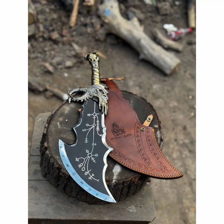 Chaos Inspired Recurve Bowie Knife with Rune Engraving and Dragon Guard handmade Custom Bowie Knives by JW SteelCrafts