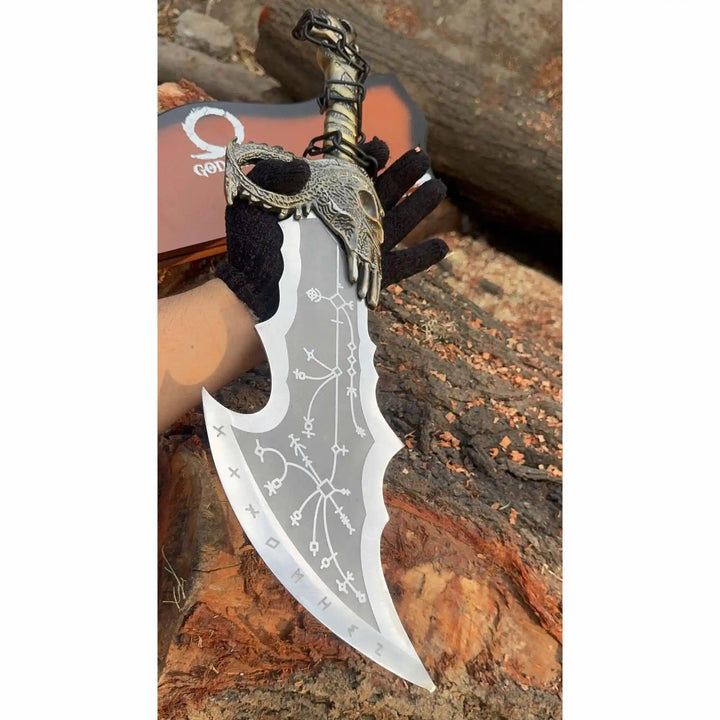 Chaos Inspired Recurve Bowie Knife with Rune Engraving and Dragon Guard handmade Custom Bowie Knives by JW SteelCrafts