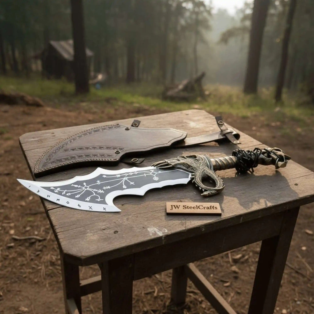 Chaos Inspired Recurve Bowie Knife with Rune Engraving and Dragon Guard handmade Custom Bowie Knives by JW SteelCrafts