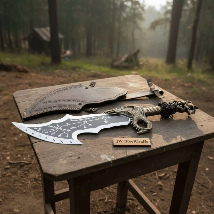 Chaos Inspired Recurve Bowie Knife with Rune Engraving and Dragon Guard handmade Custom Bowie Knives by JW SteelCrafts