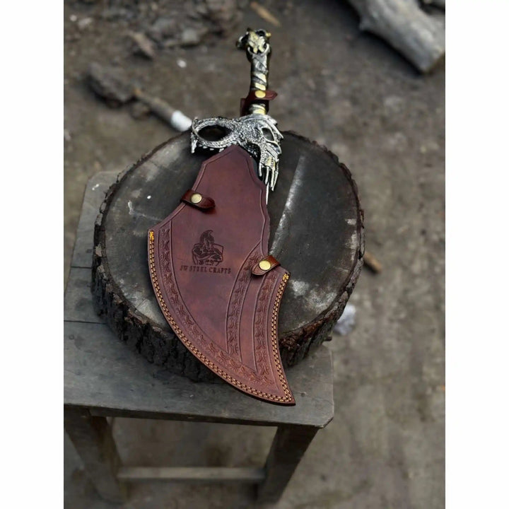 Chaos Inspired Recurve Bowie Knife with Rune Engraving and Dragon Guard handmade Custom Bowie Knives by JW SteelCrafts
