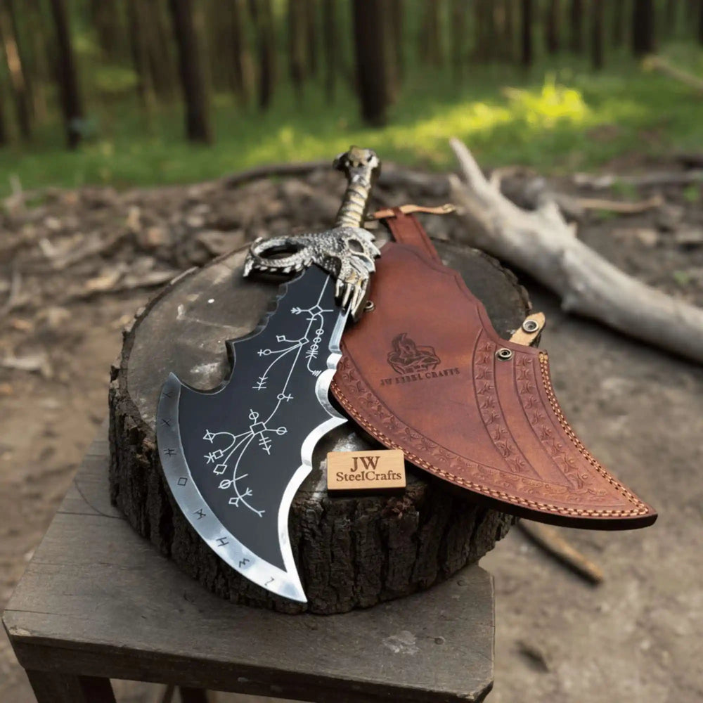 Chaos Inspired Recurve Bowie Knife with Rune Engraving and Dragon Guard handmade Custom Bowie Knives by JW SteelCrafts