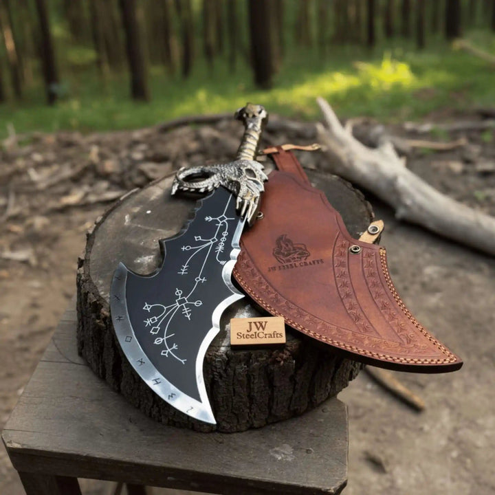 Chaos Inspired Recurve Bowie Knife with Rune Engraving and Dragon Guard handmade Custom Bowie Knives by JW SteelCrafts