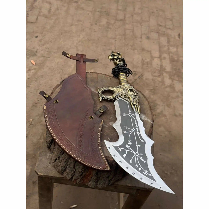 Chaos Inspired Recurve Bowie Knife with Rune Engraving and Dragon Guard handmade Custom Bowie Knives by JW SteelCrafts