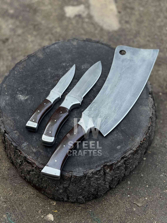 Handmade 3-Piece Knife Set – Cleaver & Hunting Knives with Wooden Handle