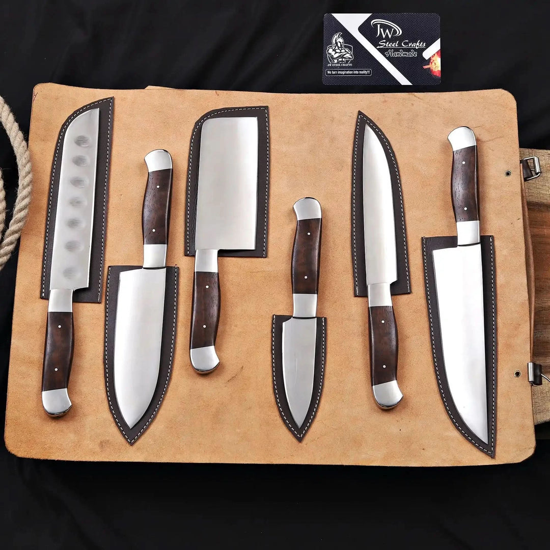 Handmade 6 piece chef knife set with full tang kitchen knives stored in leather roll with protective blade covers