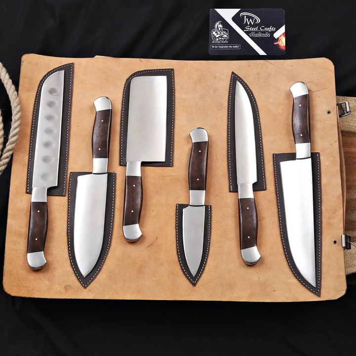 Handmade 6 piece chef knife set with full tang kitchen knives stored in leather roll with protective blade covers