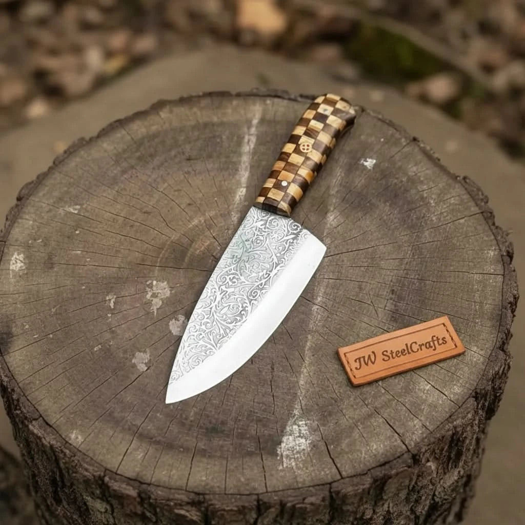 Chef Knife with Acid - Etched Blade – Red Micarta or Checker Wood Handle handmade Chef Knives by JW SteelCrafts