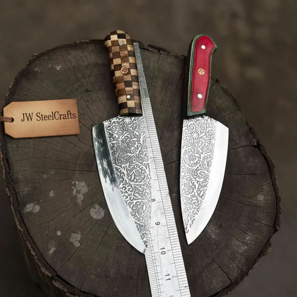 Chef Knife with Acid - Etched Blade – Red Micarta or Checker Wood Handle handmade Chef Knives by JW SteelCrafts