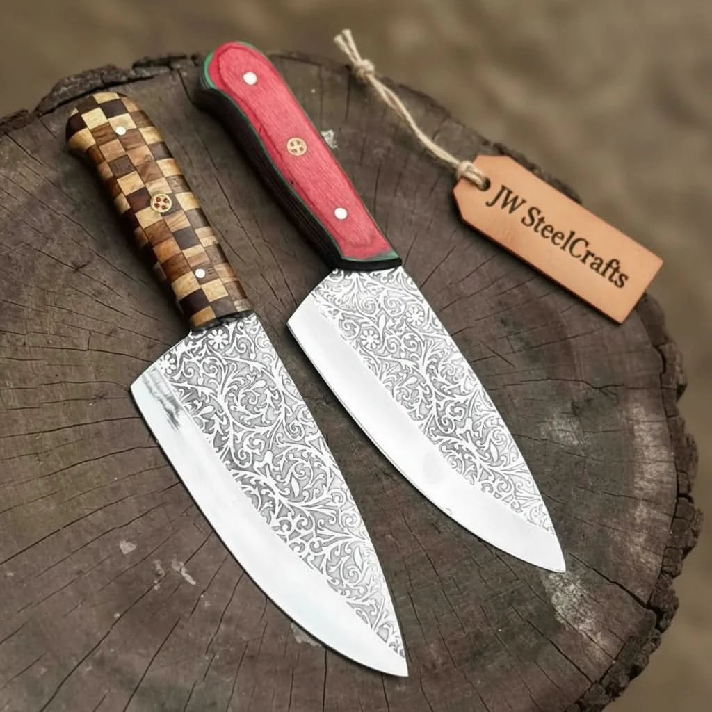 Chef Knife with Acid - Etched Blade – Red Micarta or Checker Wood Handle handmade Chef Knives by JW SteelCrafts