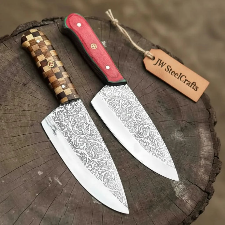 Chef Knife with Acid - Etched Blade – Red Micarta or Checker Wood Handle handmade Chef Knives by JW SteelCrafts