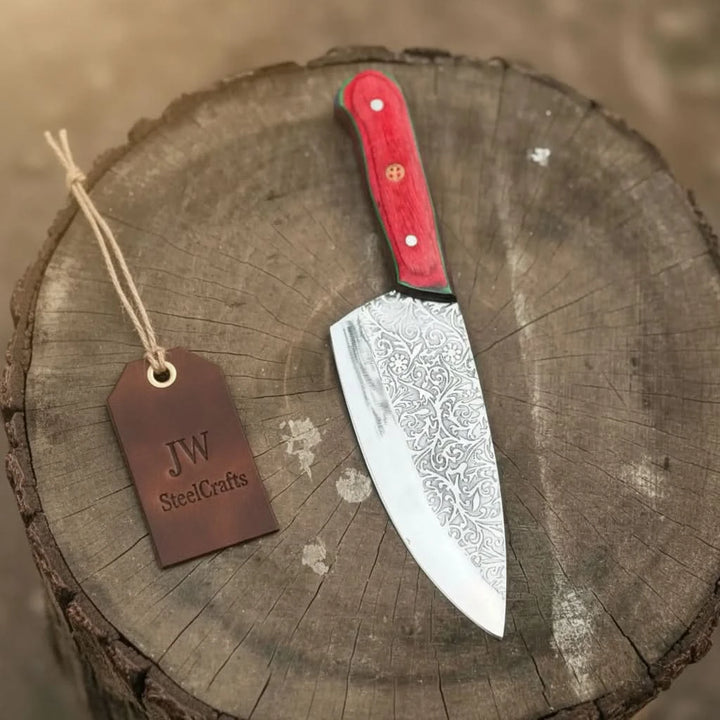 Chef Knife with Acid - Etched Blade – Red Micarta or Checker Wood Handle handmade Chef Knives by JW SteelCrafts