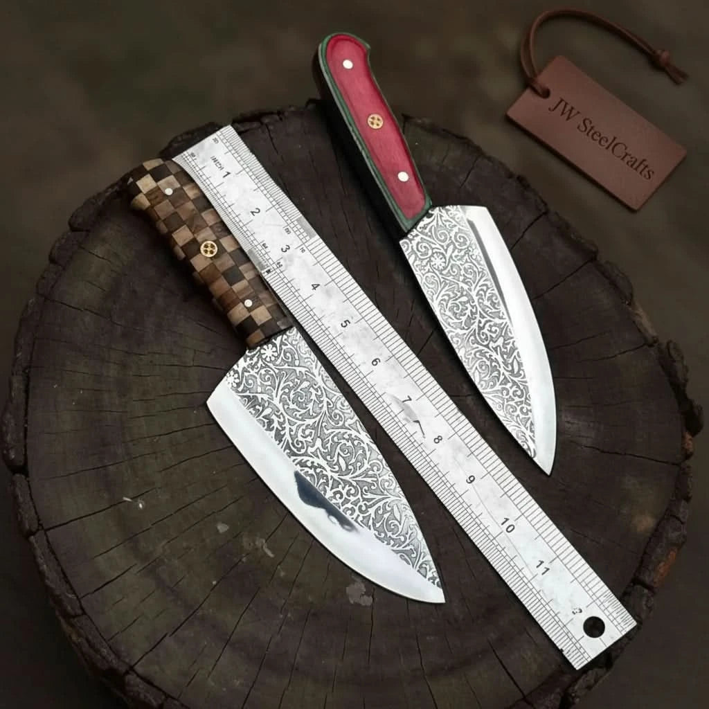 Chef Knife with Acid - Etched Blade – Red Micarta or Checker Wood Handle handmade Chef Knives by JW SteelCrafts