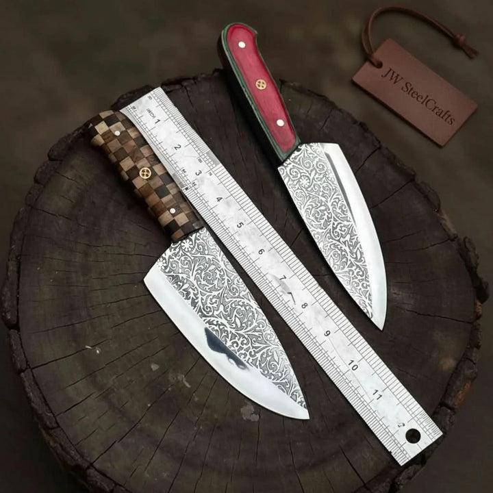 Chef Knife with Acid - Etched Blade – Red Micarta or Checker Wood Handle handmade Chef Knives by JW SteelCrafts