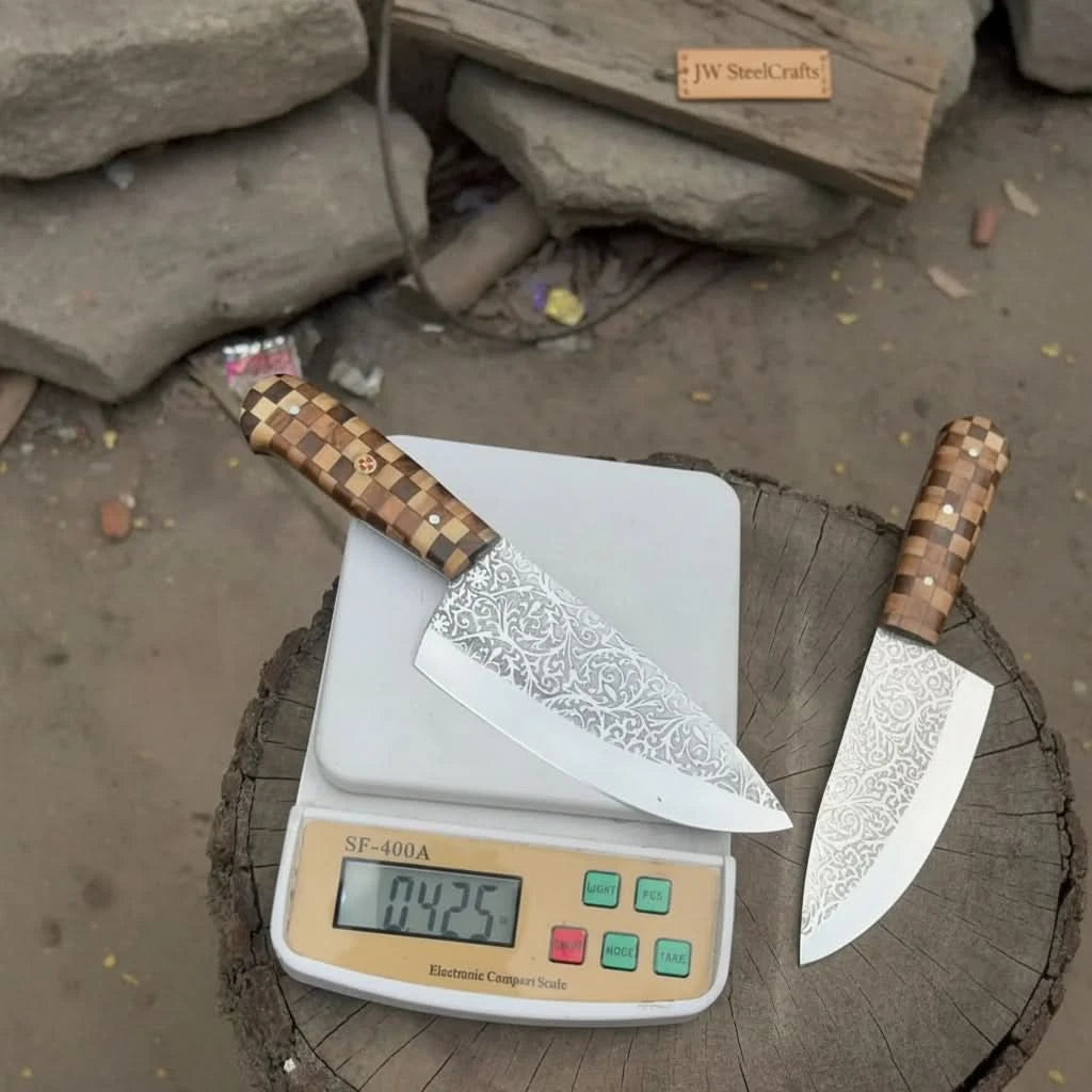 Chef Knife with Acid - Etched Blade – Red Micarta or Checker Wood Handle handmade Chef Knives by JW SteelCrafts