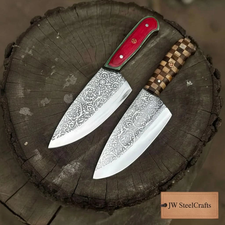 Chef Knife with Acid - Etched Blade – Red Micarta or Checker Wood Handle handmade Chef Knives by JW SteelCrafts