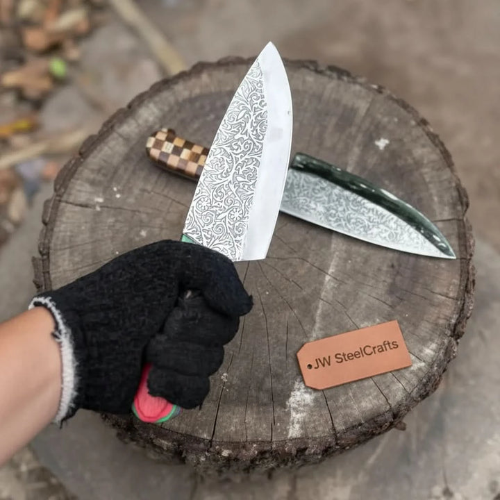 Chef Knife with Acid - Etched Blade – Red Micarta or Checker Wood Handle handmade Chef Knives by JW SteelCrafts