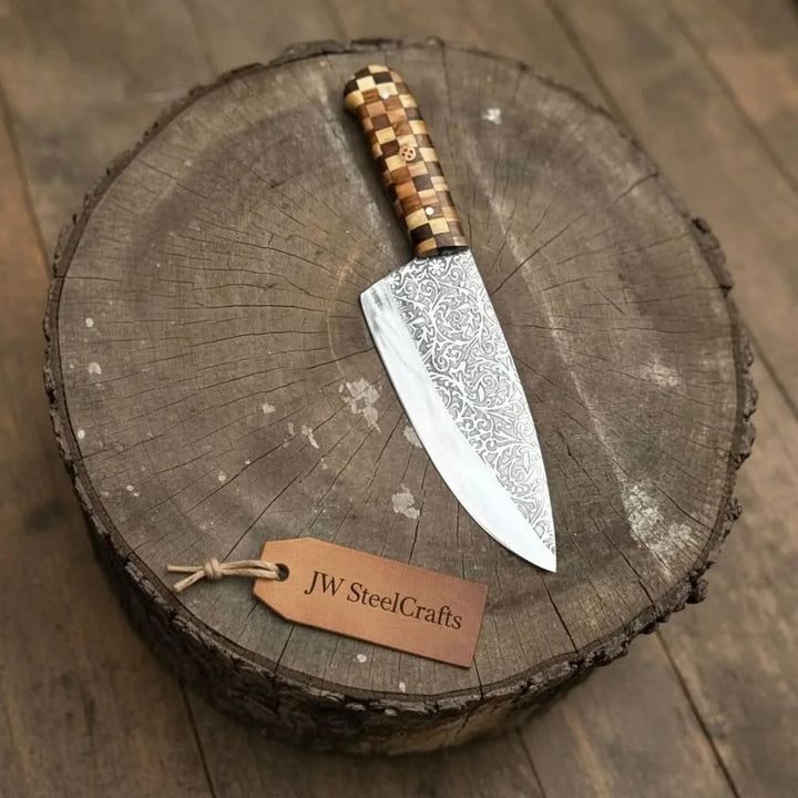 Chef Knife with Acid - Etched Blade – Red Micarta or Checker Wood Handle handmade Chef Knives by JW SteelCrafts