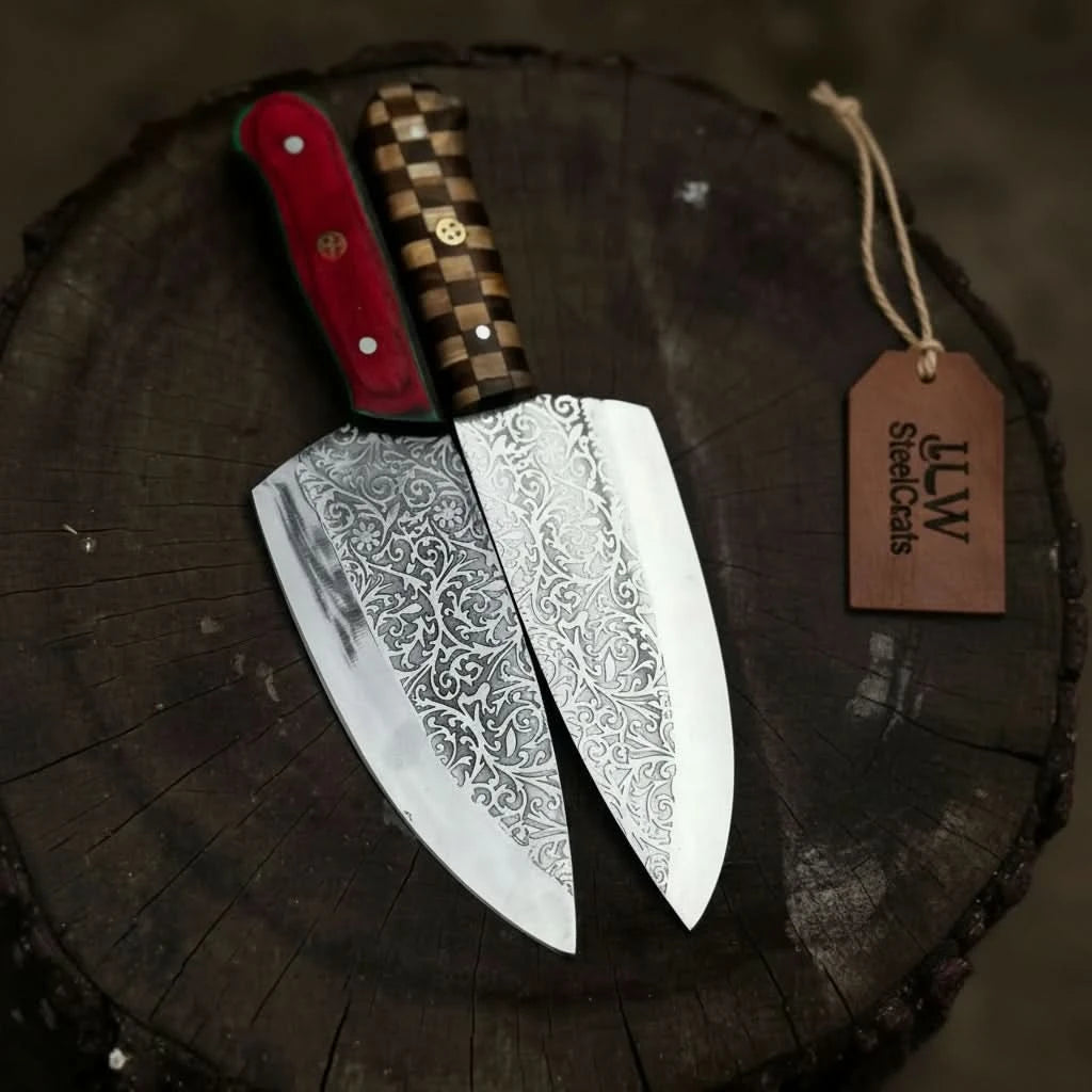 Chef Knife with Acid - Etched Blade – Red Micarta or Checker Wood Handle handmade Chef Knives by JW SteelCrafts