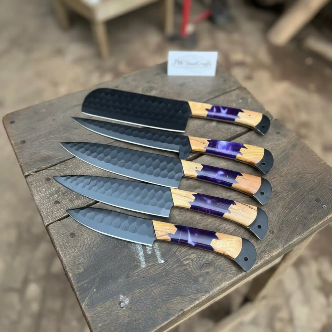 5-Piece Hand-Forged Chef Knives Set – Black Blades, Purple Resin & Olive Wood Handles handmade Handmade Chef Knife Sets