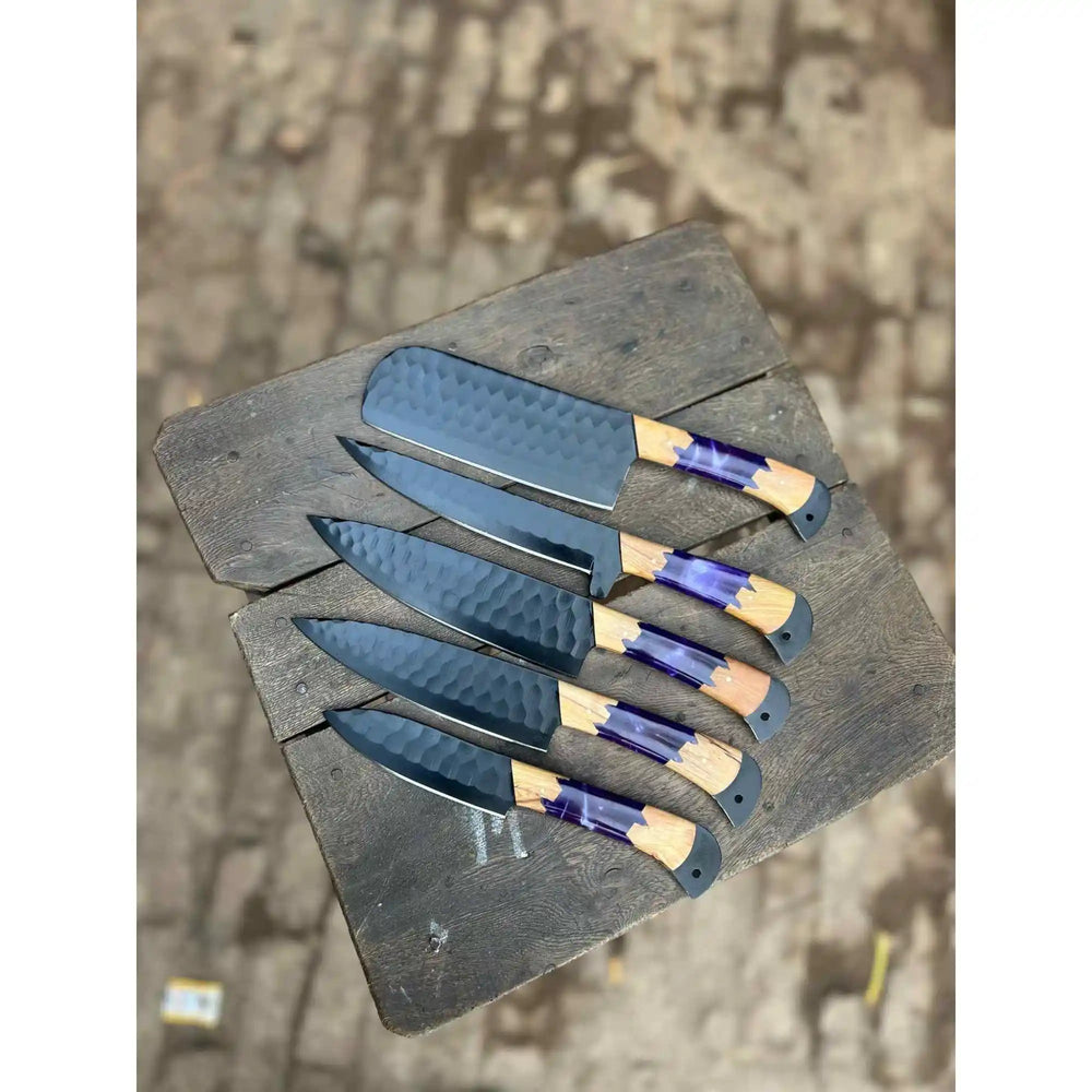 5-Piece Hand-Forged Chef Knives Set – Black Blades, Purple Resin & Olive Wood Handles handmade Handmade Chef Knife Sets