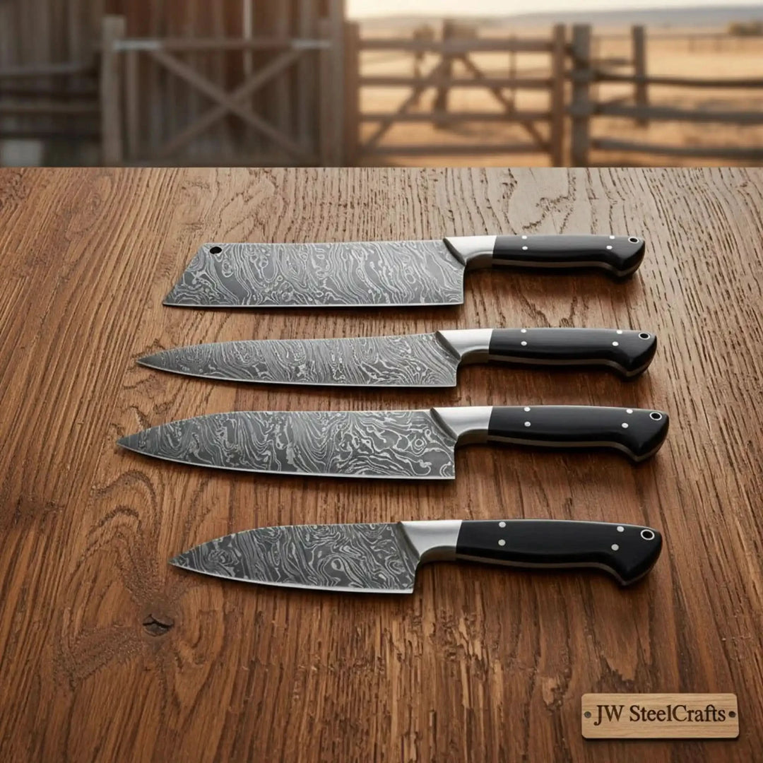 Polished Damascus blades with black handles and visible layered steel patterns.